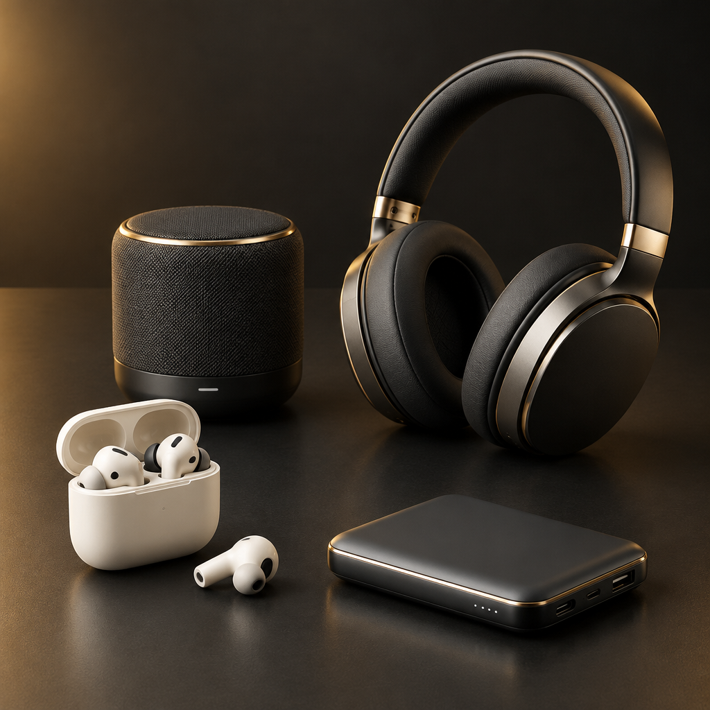 Headphones, speaker, earbuds and charging accessory on a dark background