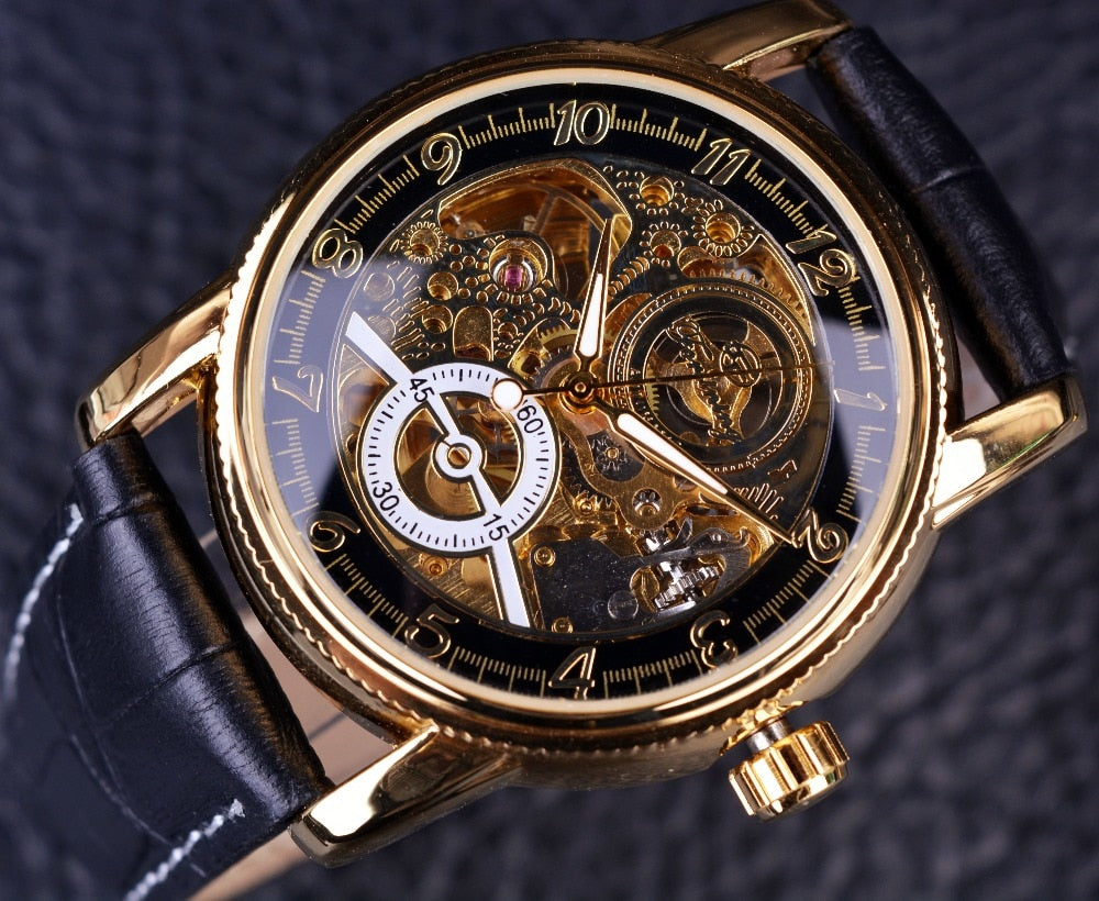Hollow Engraving Skeleton Casual Designer Black Golden Case Gear Bezel Watches Men Luxury Brand Automatic Watches