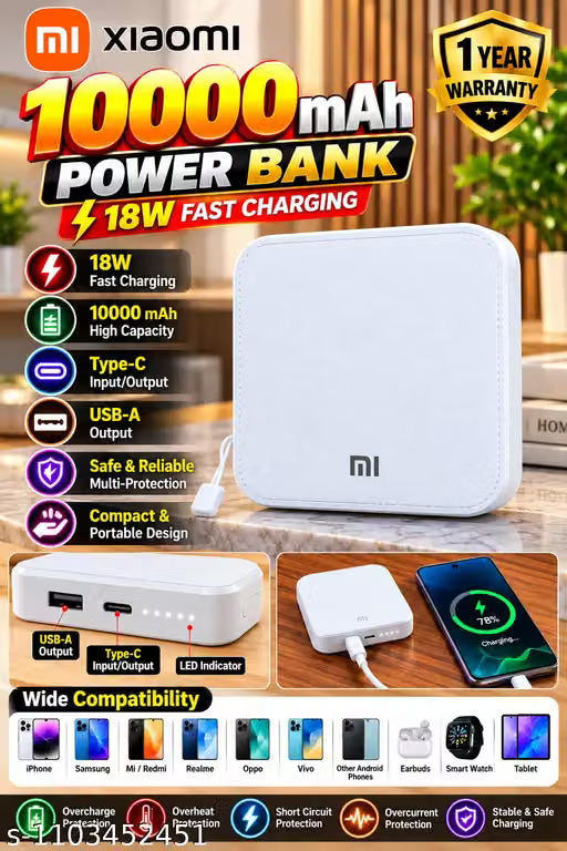10000 mAh Pocket Mobile Power Bank 18W Fast Charging USB Type C