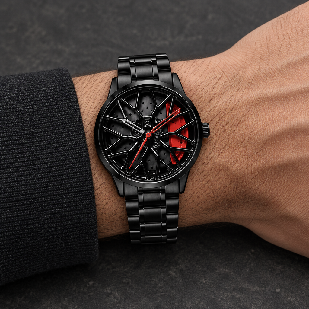 Men’s Premium Luxury Sports Watch for Men with Unique 3D Car Wheel Inspired Dial, Stylish Black Stainless Steel Bracelet, Modern Analog Design, Trendy Casual & Party Wristwatch for Men, Perfect Gift for Husband, Brother & Friends