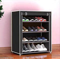 Multipurpose Tiers Shoe Rack with Dustproof Zip Cover, Multiuse Wide Space Storage Rack Made by Non Woven Fabric for Footwear, Toys, Clothes (4 Shelves) (Black), Plastic Non Woven