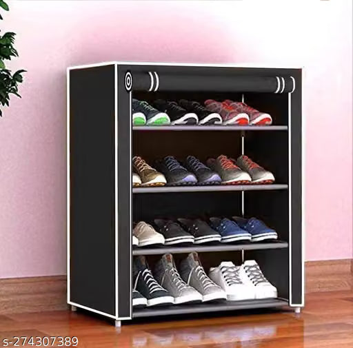 Multipurpose Tiers Shoe Rack with Dustproof Zip Cover, Multiuse Wide Space Storage Rack Made by Non Woven Fabric for Footwear, Toys, Clothes (4 Shelves) (Black), Plastic Non Woven