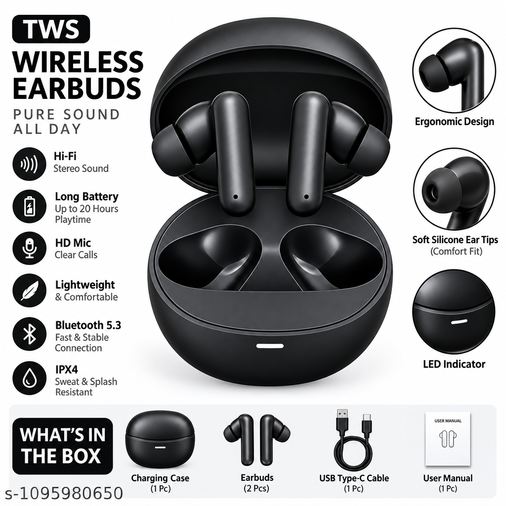 Premium Wireless Earbuds Black 5.3 TWS – HD Sound, Deep Bass & Long Battery