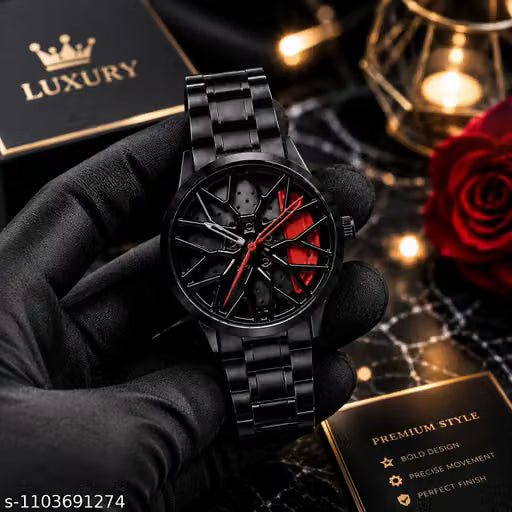 Men’s Premium Luxury Sports Watch for Men with Unique 3D Car Wheel Inspired Dial, Stylish Black Stainless Steel Bracelet, Modern Analog Design, Trendy Casual & Party Wristwatch for Men, Perfect Gift for Husband, Brother & Friends