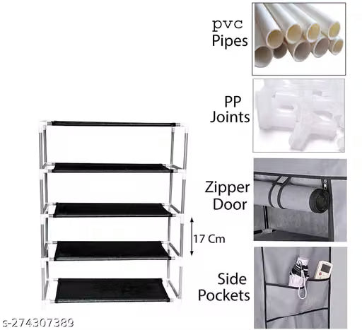 Multipurpose Tiers Shoe Rack with Dustproof Zip Cover, Multiuse Wide Space Storage Rack Made by Non Woven Fabric for Footwear, Toys, Clothes (4 Shelves) (Black), Plastic Non Woven