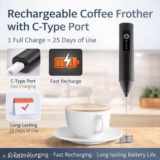 Coffee Frother Electric with Double Whisk | C Type Rechargeable Coffee Maker Machine for Home | Free Coffee Blender Recipe Book | Big Battery