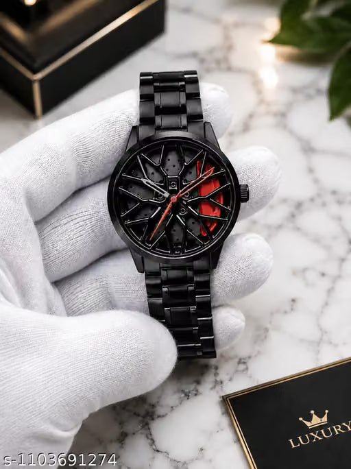 Men’s Premium Luxury Sports Watch for Men with Unique 3D Car Wheel Inspired Dial, Stylish Black Stainless Steel Bracelet, Modern Analog Design, Trendy Casual & Party Wristwatch for Men, Perfect Gift for Husband, Brother & Friends