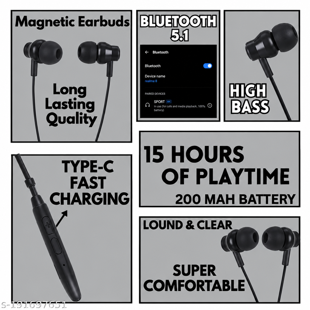 BT SPORTS Bluetooth Earphones Wireless Neckband | BT Sport Headset with Mic | 15H Playtime, Adjustable Fit, High Bass & Durable Braided Cable