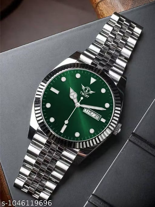 Ballade Design Date Function Watch With Green Dial, Stainless Steel Chain Analog Watch - For Men