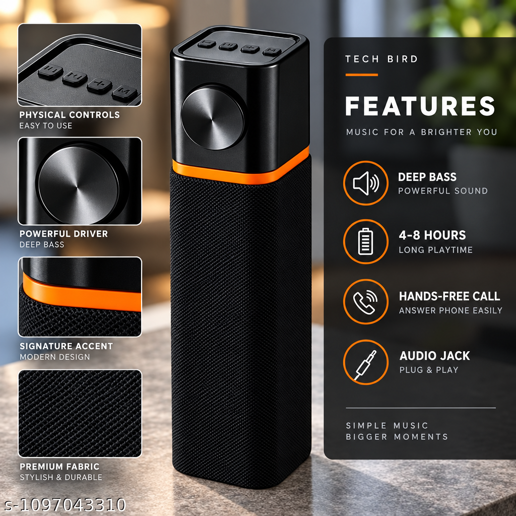 TECH BIRD_TB38vp_MINI TOWER Bluetooth Speaker Wireless Portable with RGB LED Lights, Extra Bass, 10H Playtime, FM Radio, USB/TF/AUX Support, TWS Function for Party Home Outdoor Travel (PACK OF ONE) SMART