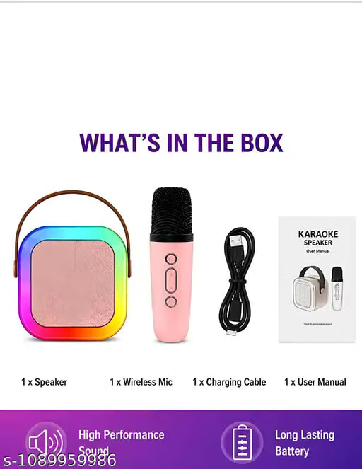 Rechargeable Karaoke Mic with Speaker for Singing | Wireless Mini Portable Bluetooth Speaker with Microphone & LED Lights |