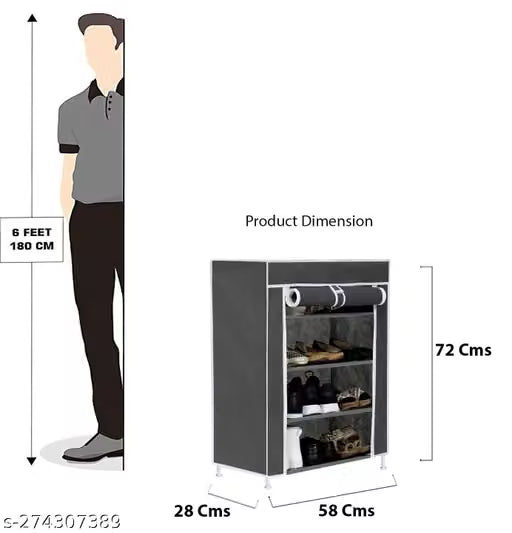 Multipurpose Tiers Shoe Rack with Dustproof Zip Cover, Multiuse Wide Space Storage Rack Made by Non Woven Fabric for Footwear, Toys, Clothes (4 Shelves) (Black), Plastic Non Woven