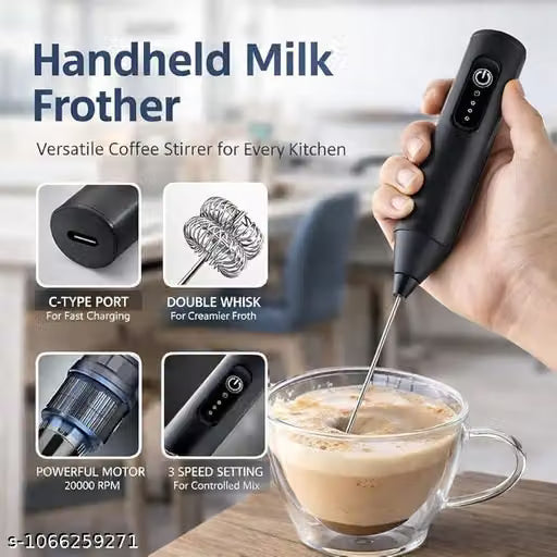 Coffee Frother Electric with Double Whisk | C Type Rechargeable Coffee Maker Machine for Home | Free Coffee Blender Recipe Book | Big Battery