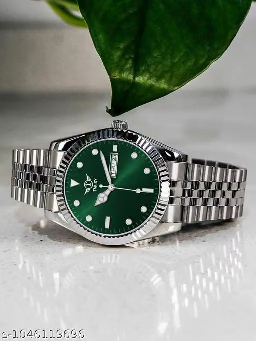 Ballade Design Date Function Watch With Green Dial, Stainless Steel Chain Analog Watch - For Men