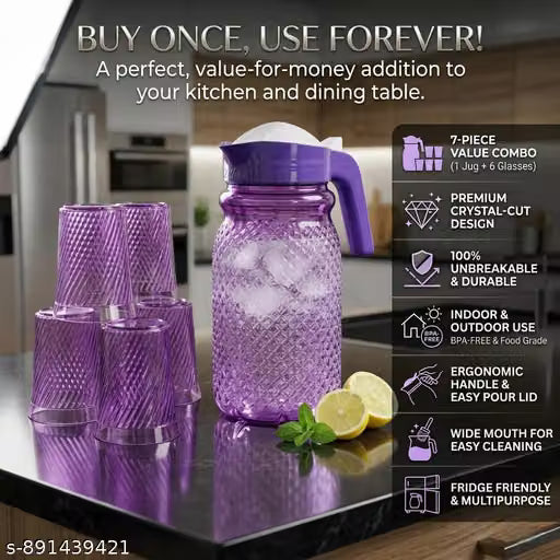 7-Piece Premium Unbreakable Water Jug and Glass Set | Gem Cut BPA-Free, With 6 Glasses for Fridge, & Dining Table (multicolour)